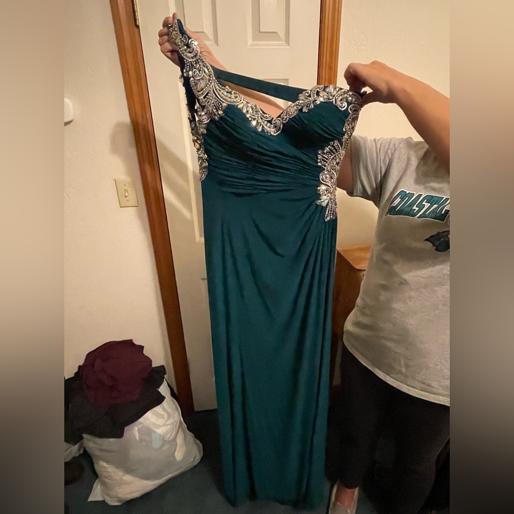 Night Moves peacock-colored floor length dress with strappy back and sequins